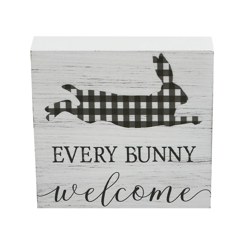 Bunny Hop Every Bunny Welcome Buffalo Check MDF Block Sign 5x5x1