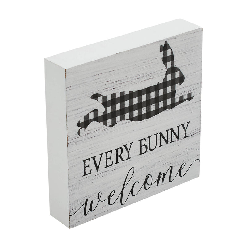 Bunny Hop Every Bunny Welcome Buffalo Check MDF Block Sign 5x5x1