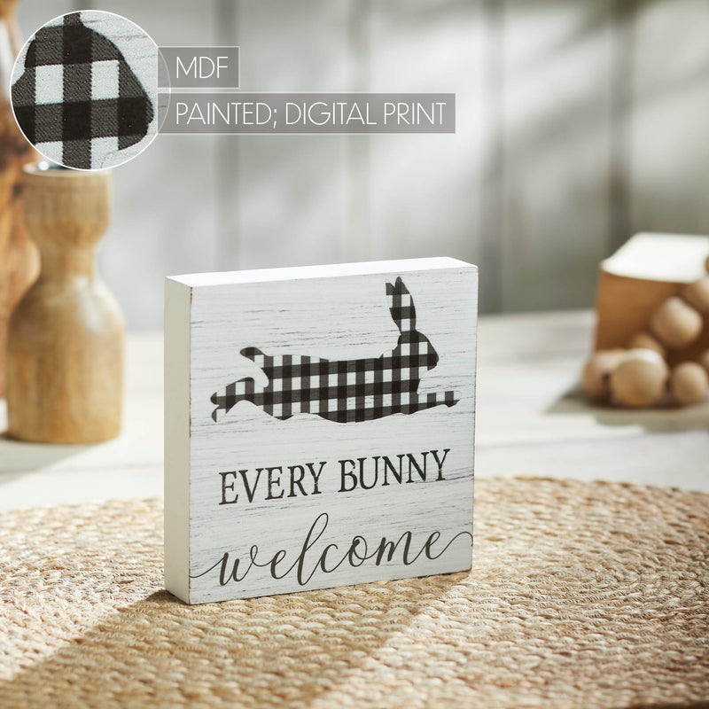 Bunny Hop Every Bunny Welcome Buffalo Check MDF Block Sign 5x5x1