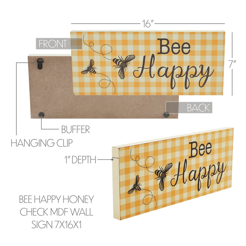 Buzzy Bees Bee Happy Honey Check MDF Wall Sign 7x16x1