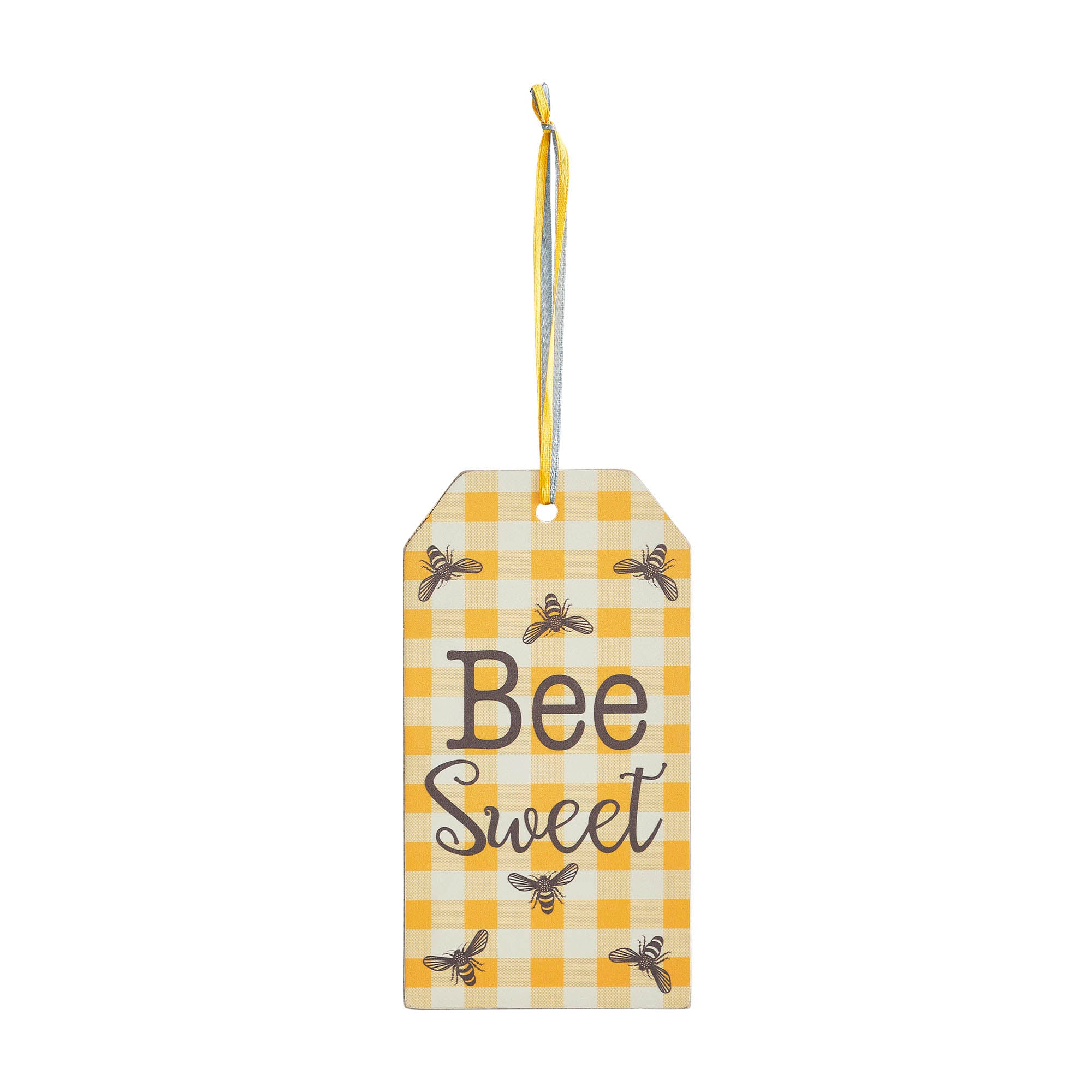 Buzzy Bees Bee Sweet Honey Check MDF Tag Ornament w/ Ribbon 7x3.75x0.5