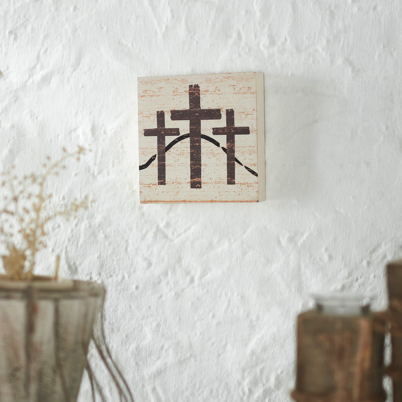 Celebrate Grace 3 Crosses Distressed Antique White MDF Block Sign 6x6x1