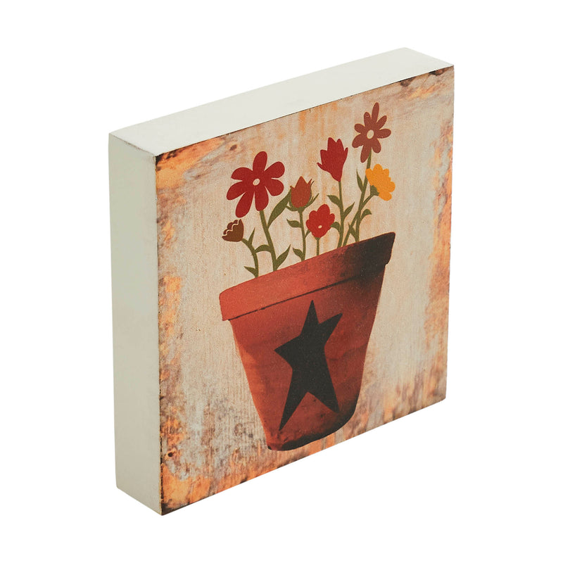 Spring In Bloom Flower Pot w/ Primitive Star MDF Block Sign 5x5x1