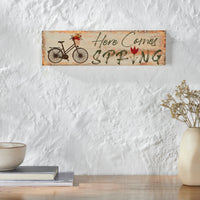 Spring In Bloom Here Comes Spring w/ Bicycle & Tulip MDF Wall Sign 4x14x0.75