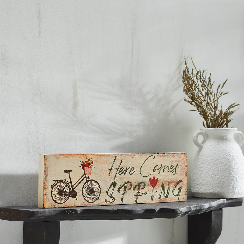 Spring In Bloom Here Comes Spring w/ Bicycle & Tulip MDF Wall Sign 4x14x0.75