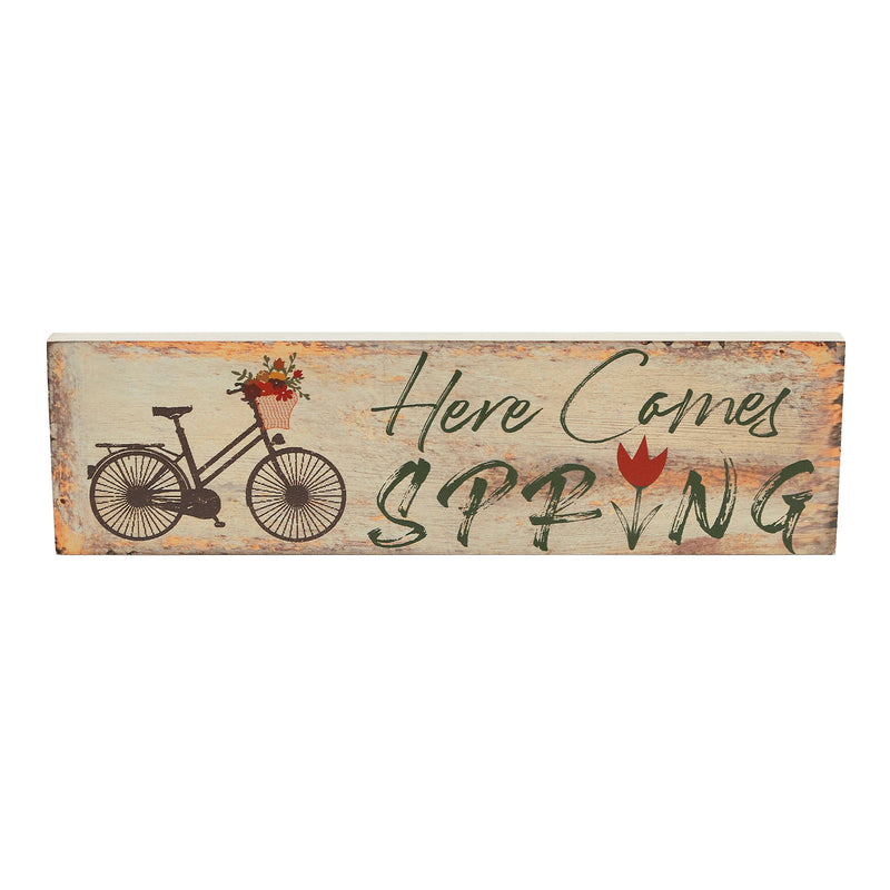 Spring In Bloom Here Comes Spring w/ Bicycle & Tulip MDF Wall Sign 4x14x0.75