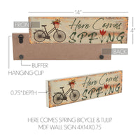 Spring In Bloom Here Comes Spring w/ Bicycle & Tulip MDF Wall Sign 4x14x0.75