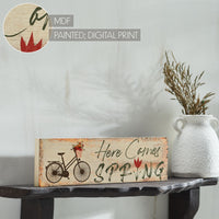 Spring In Bloom Here Comes Spring w/ Bicycle & Tulip MDF Wall Sign 4x14x0.75