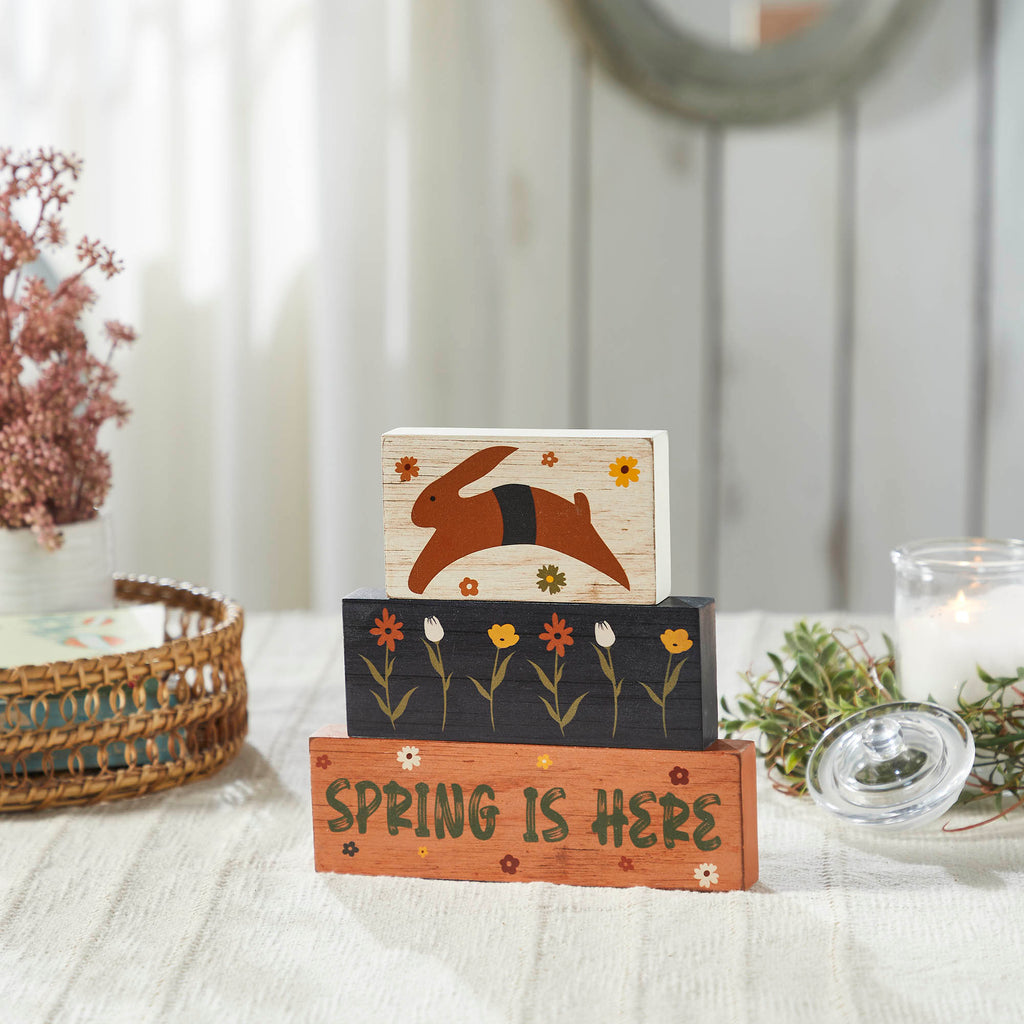 Spring In Bloom Spring Is Here Bunny Leap w/ Flowers MDF Block Sign Se ...