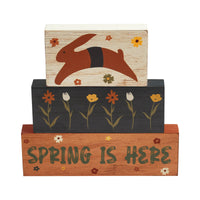 Spring In Bloom Spring Is Here Bunny Leap w/ Flowers MDF Block Sign Set of 3 Sizes