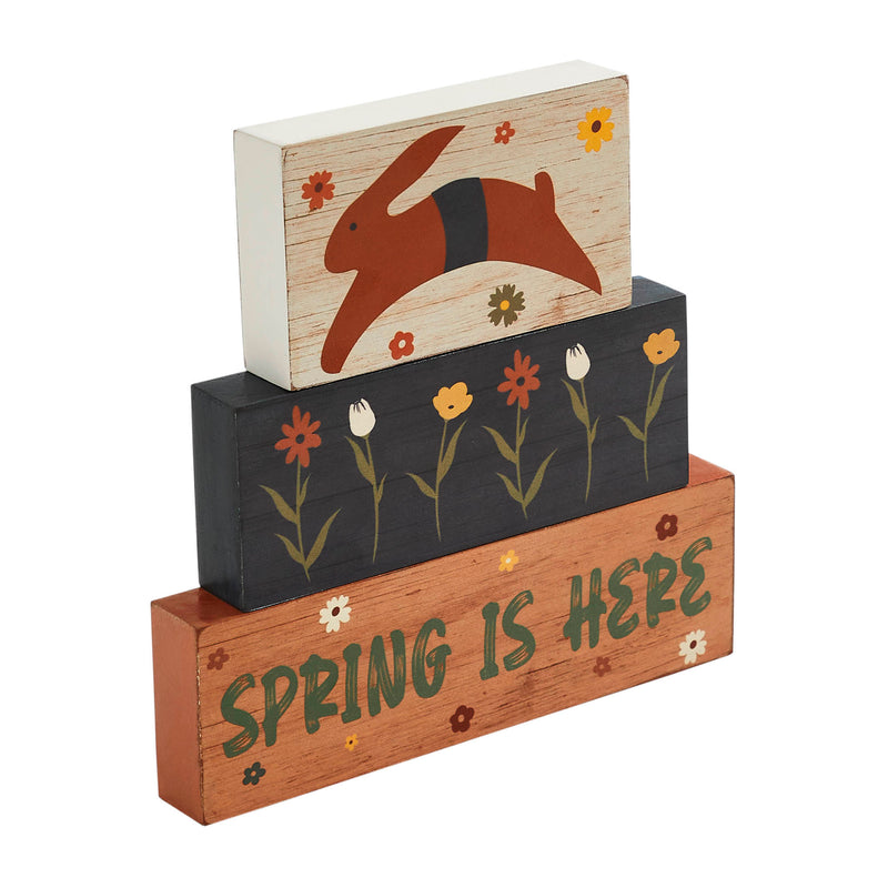 Spring In Bloom Spring Is Here Bunny Leap w/ Flowers MDF Block Sign Set of 3 Sizes