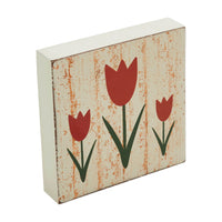 Spring In Bloom Red Tulips Distressed Antique White MDF Block Sign 5x5x1