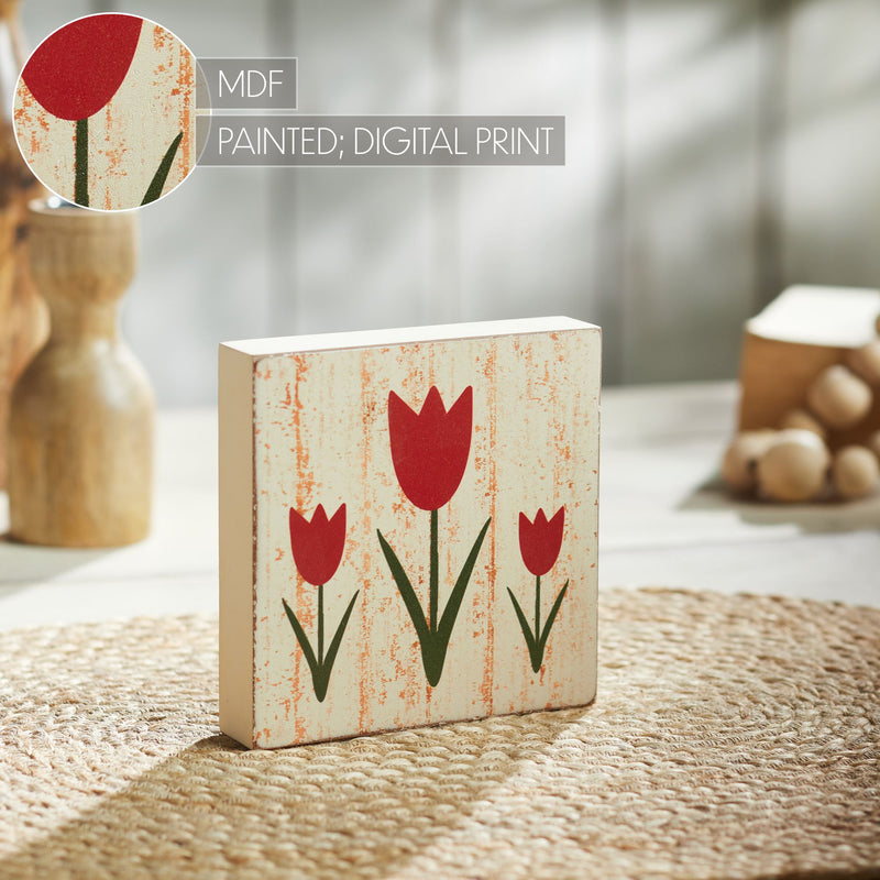 Spring In Bloom Red Tulips Distressed Antique White MDF Block Sign 5x5x1