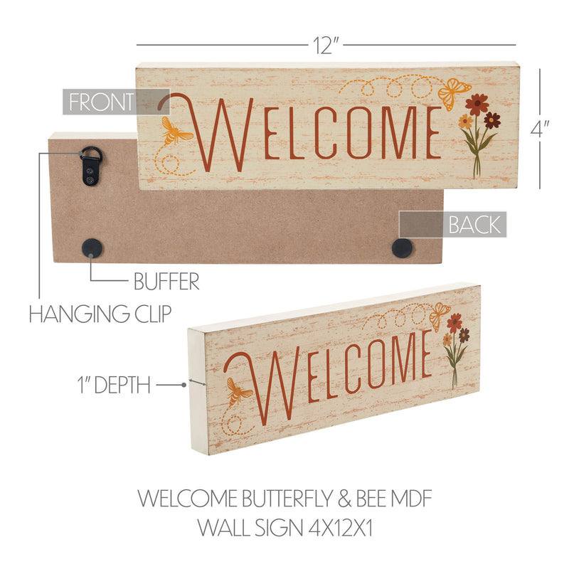 Spring In Bloom Welcome w/ Butterfly & Bee MDF Wall Sign 4x12x1