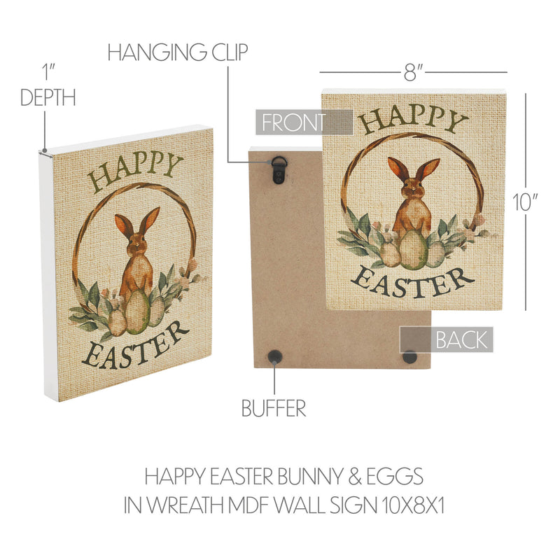 Spring In Bloom Happy Easter Bunny & Eggs In Wreath MDF Wall Sign 10x8x1