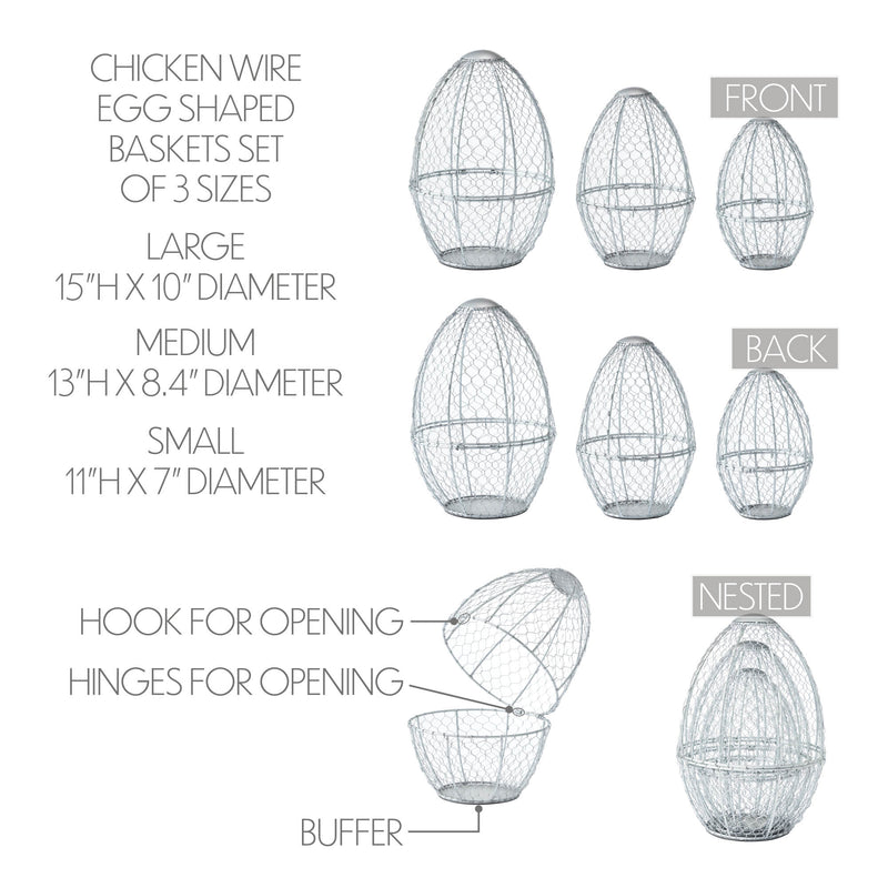 Bunny Hop Chicken Wire Egg Shaped Baskets Set of 3 Sizes