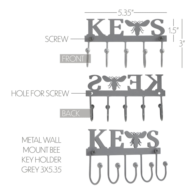 Buzzy Bees Metal Wall Mount Bee Key Holder Grey 3x5.3