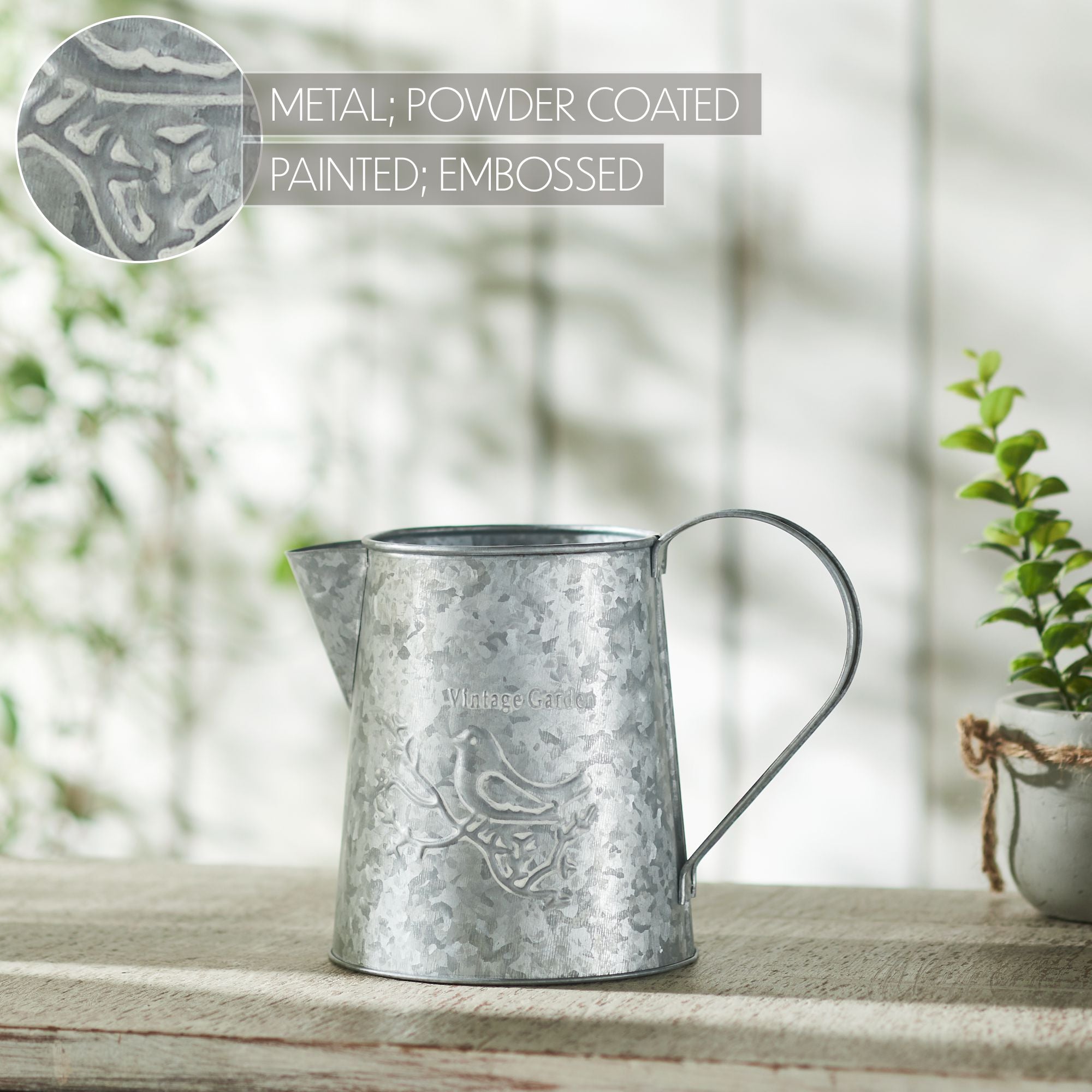 Spring In Bloom Galvanized Metal Vintage Garden Bird Decorative Pitcher 6.75x8.75x5.5