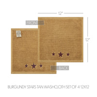 Burgundy Stars Tan Washcloth Set of 4 12x12