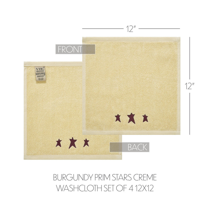 Burgundy Prim Stars Creme Washcloth Set of 4 12x12