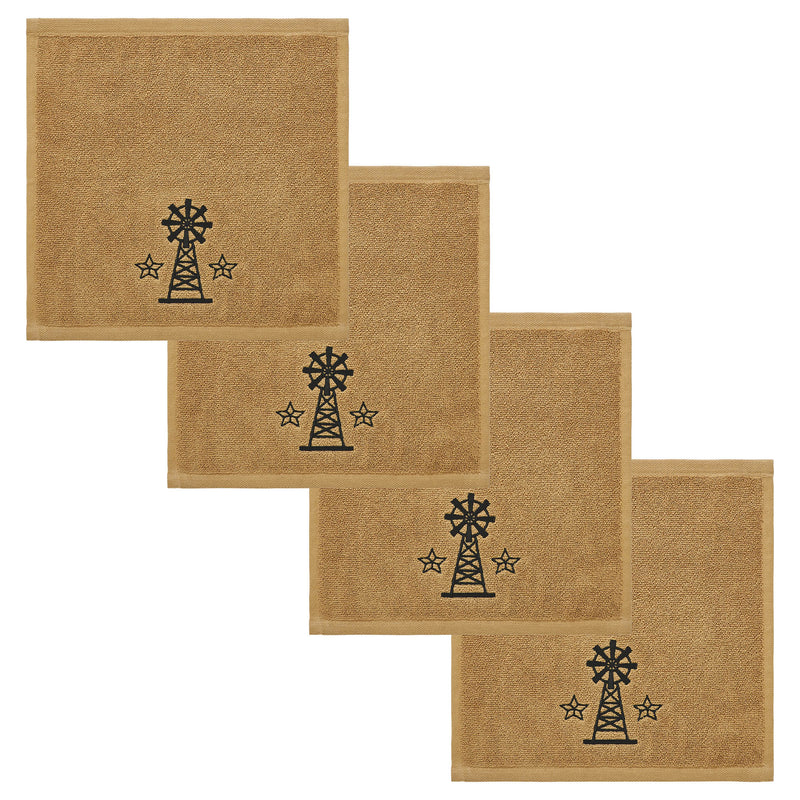 Black Windmill & Stars Tan Washcloth Set of 4 12x12