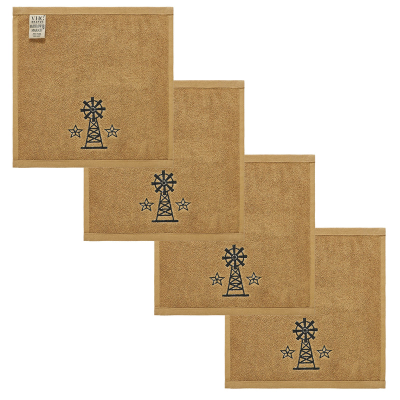 Black Windmill & Stars Tan Washcloth Set of 4 12x12