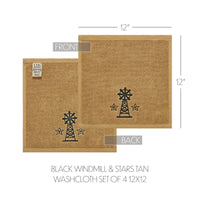 Black Windmill & Stars Tan Washcloth Set of 4 12x12