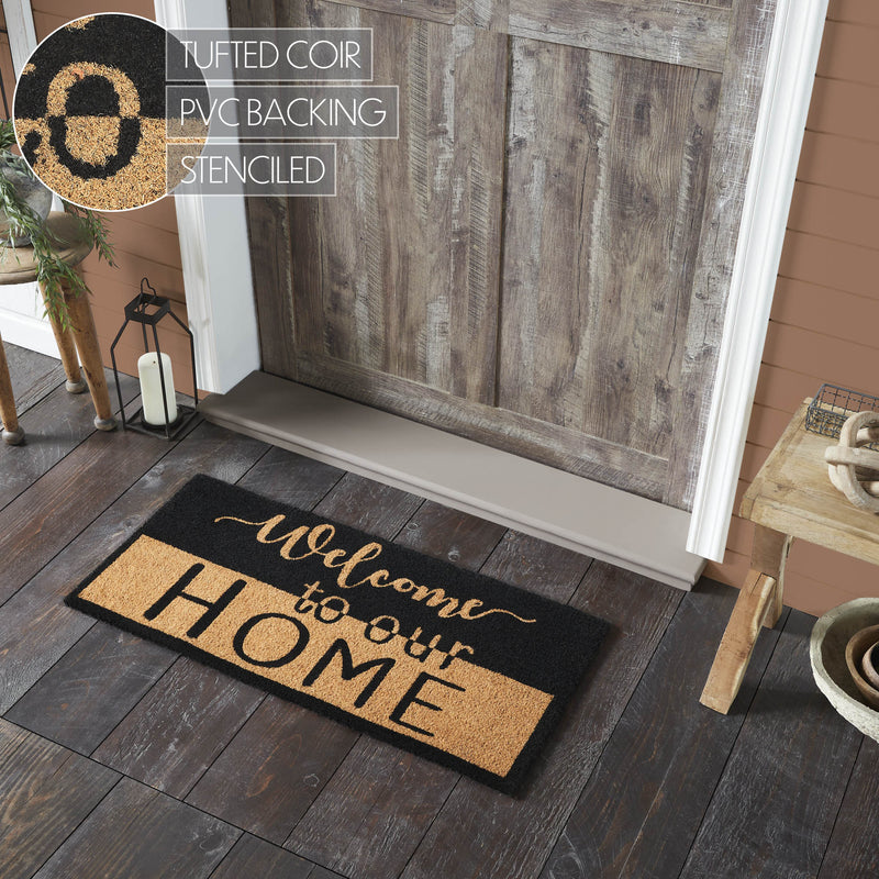 Welcome To Our Home Black Tan Coir Rug Rect 17x36 **BACKORDERED UNTIL MARCH 2025**