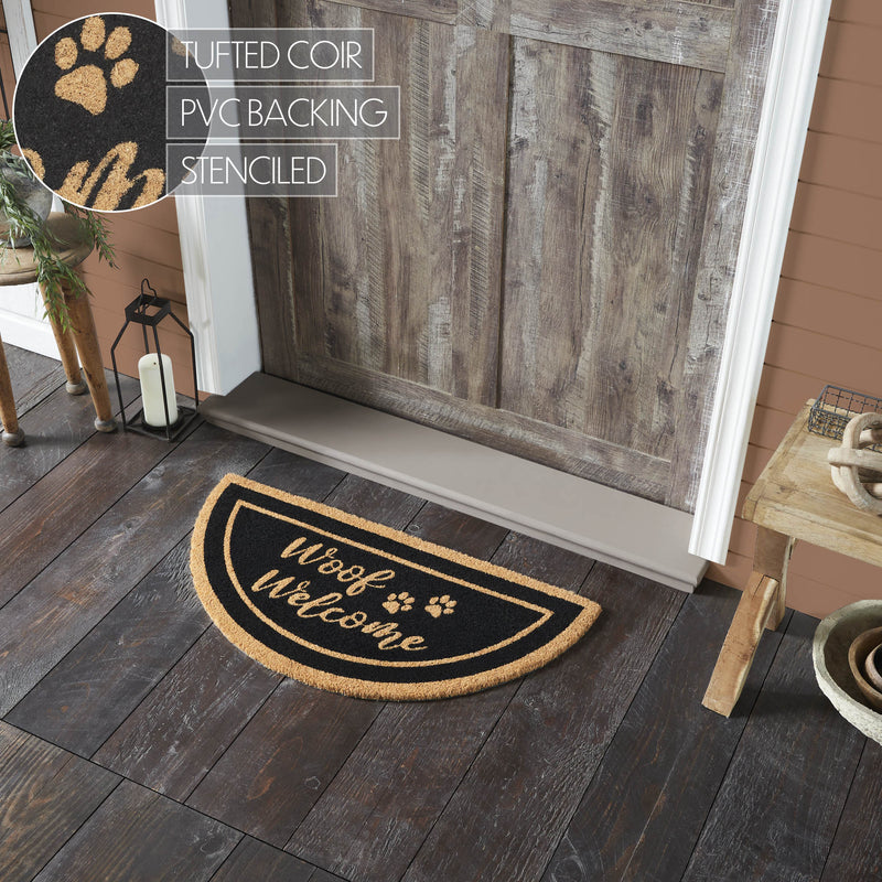 Woof Welcome Coir Rug Half Circle 16.5x33 **BACKORDERED UNTIL MARCH 2025**