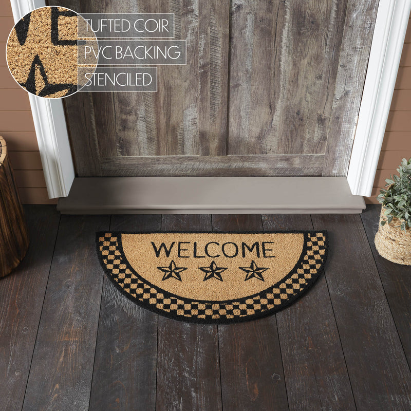 Black Check Stars Coir Welcome Rug Half Circle 16.5x33 **BACKORDERED UNTIL MARCH 2025**