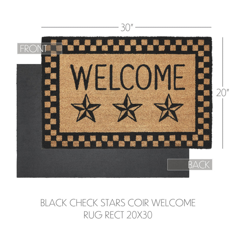 Black Check Stars Coir Welcome Rug Rect 20x30 **BACKORDERED UNTIL MARCH 2025**