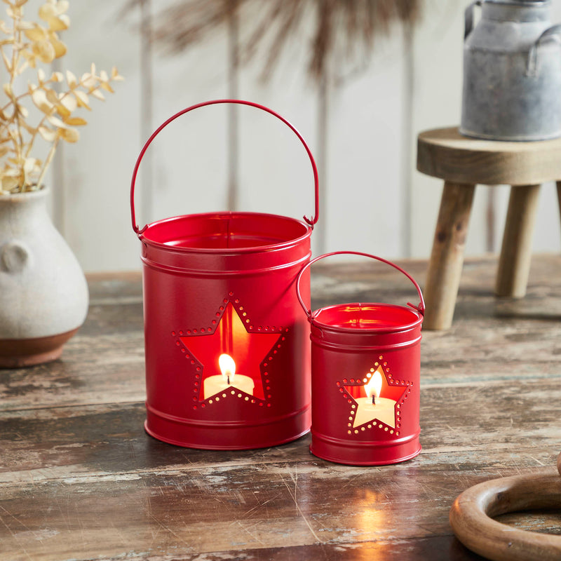 Votive Candle Holder w/ Star Cutout Barn Red Set of 2 Sizes