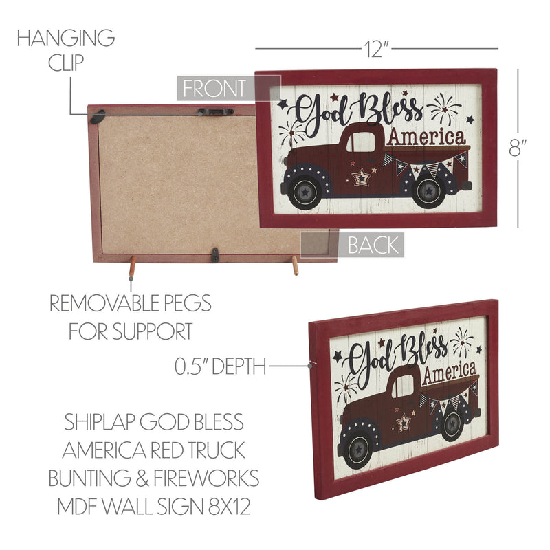 Shiplap God Bless America Red Truck Bunting & Fireworks MDF Wall Sign 8x12 **BACKORDERED UNTIL MARCH 2025**