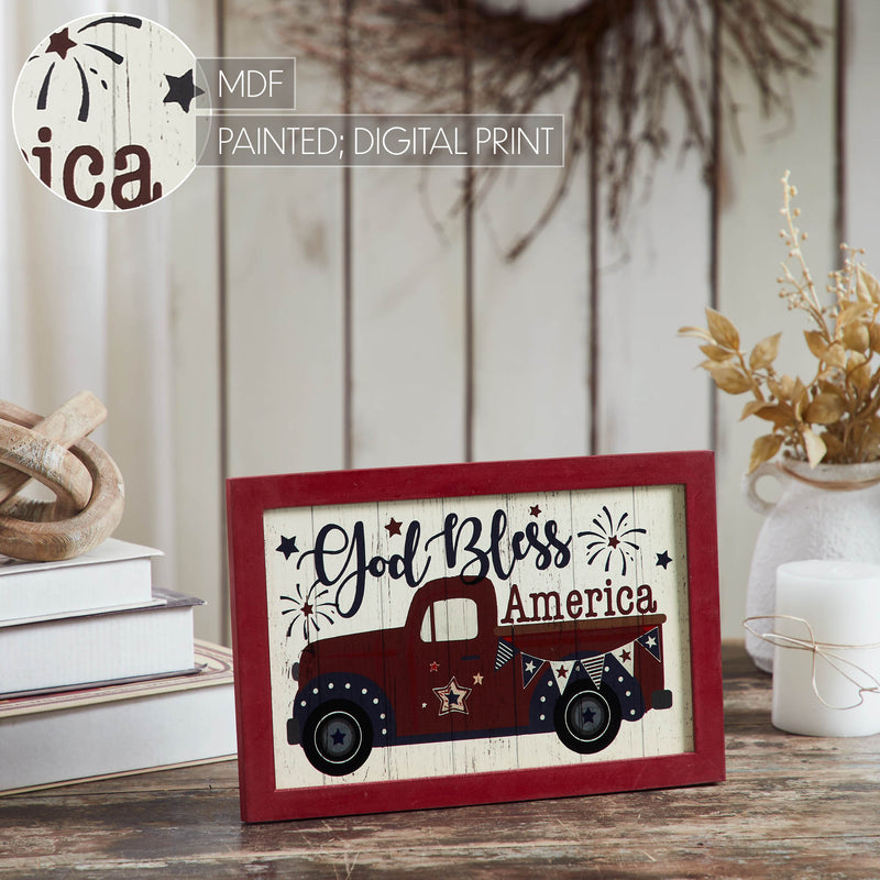 Shiplap God Bless America Red Truck Bunting & Fireworks MDF Wall Sign 8x12 **BACKORDERED UNTIL MARCH 2025**