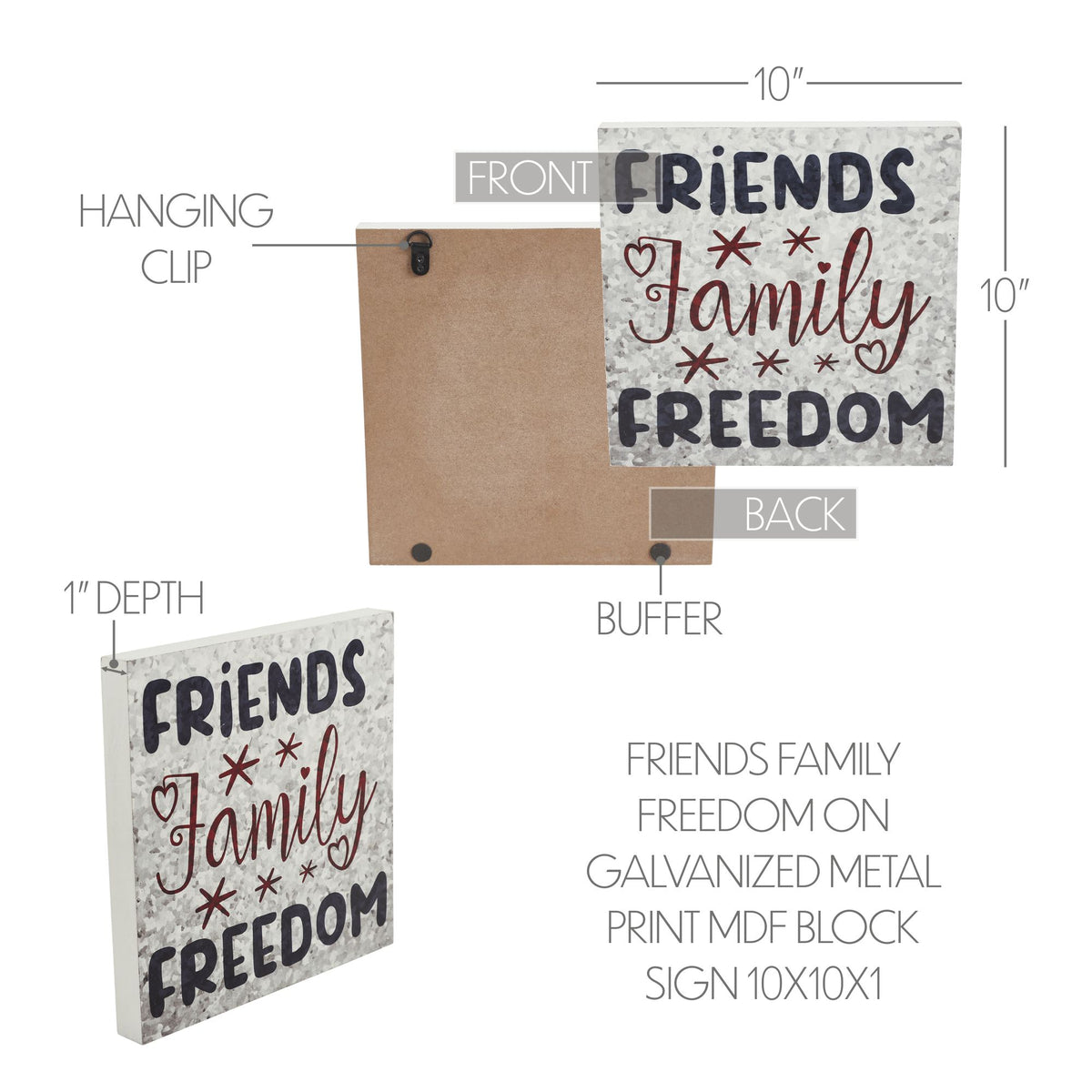 Friends Block Sign Friends Family Freedom On Galvanized Metal Print MDF Block Sign 10x10x ...