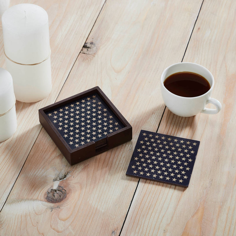 White Stars On Navy MDF Coaster w/ Container Set of 6 4x4