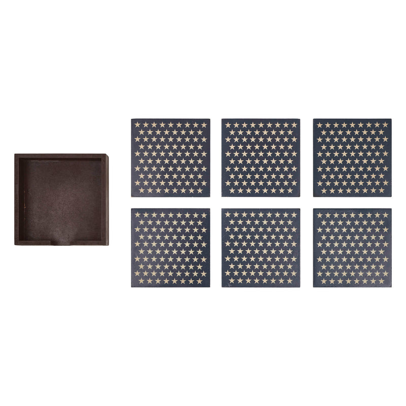 White Stars On Navy MDF Coaster w/ Container Set of 6 4x4 **BACKORDERED UNTIL MARCH 2025**