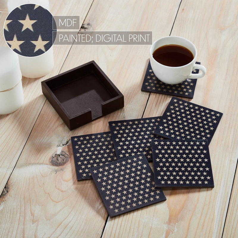 White Stars On Navy MDF Coaster w/ Container Set of 6 4x4 **BACKORDERED UNTIL MARCH 2025**