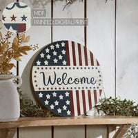 Welcome Stars & Stripes Round Wall Hanging 11 Inch Diameter **BACKORDERED UNTIL MARCH 2025**