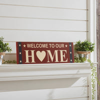 Welcome To Our Home w/ White Stars On Blue Stripes MDF Wall Sign 6x18