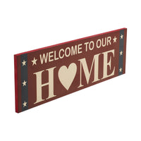 Welcome To Our Home w/ White Stars On Blue Stripes MDF Wall Sign 6x18 **BACKORDERED UNTIL MARCH 2025**