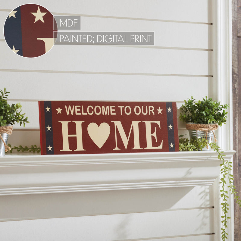 Welcome To Our Home w/ White Stars On Blue Stripes MDF Wall Sign 6x18 **BACKORDERED UNTIL MARCH 2025**