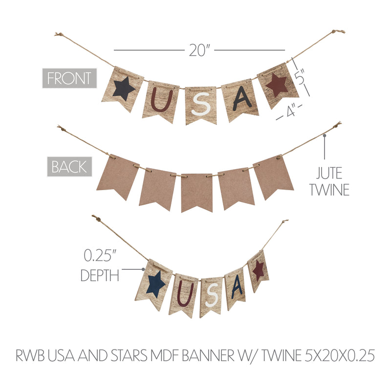 RWB USA And Stars MDF Banner w/ Twine 5x20 **BACKORDERED UNTIL MARCH 2025**