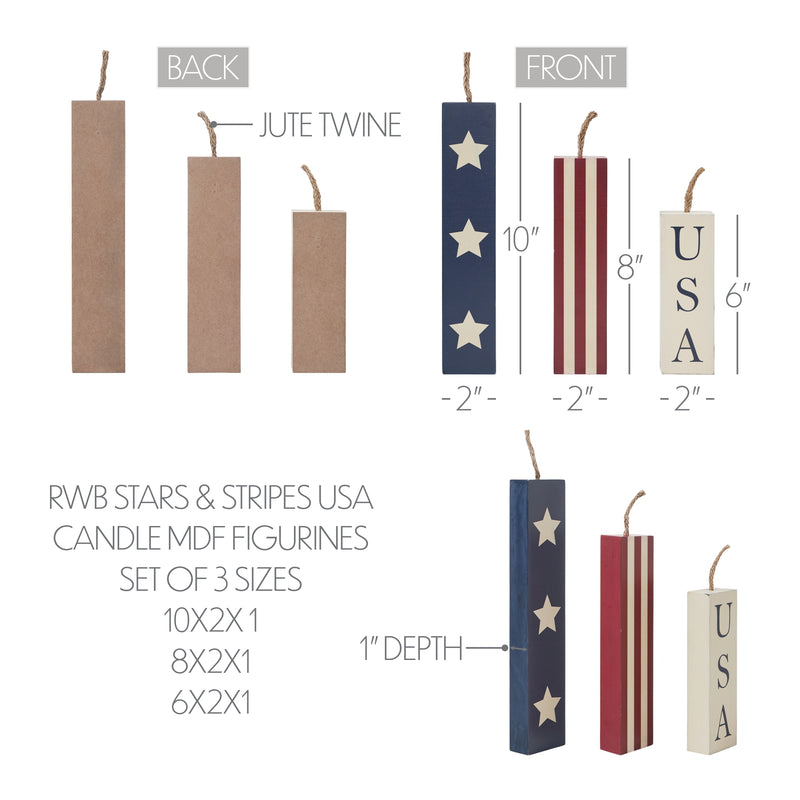 RWB Stars & Stripes USA Candle MDF Figurines Set of 3 Sizes **BACKORDERED UNTIL MARCH 2025**