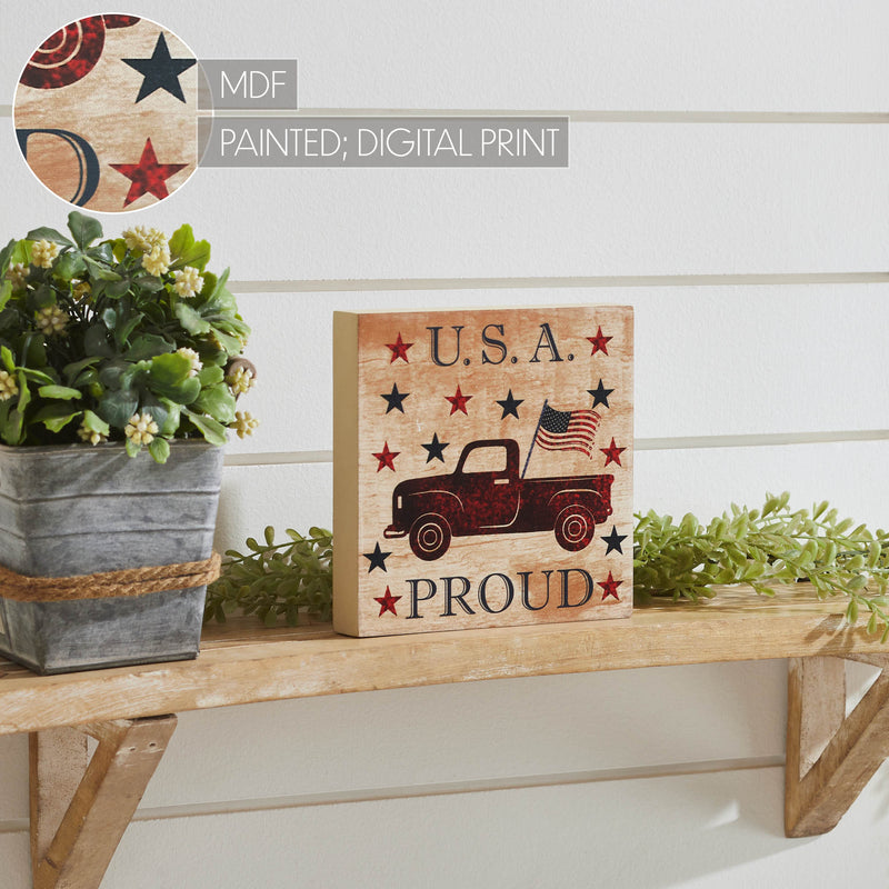 My Country USA Proud Red Truck w/ Red & Blue Stars MDF Block Sign 6x6x1 **BACKORDERED UNTIL MARCH 2025**