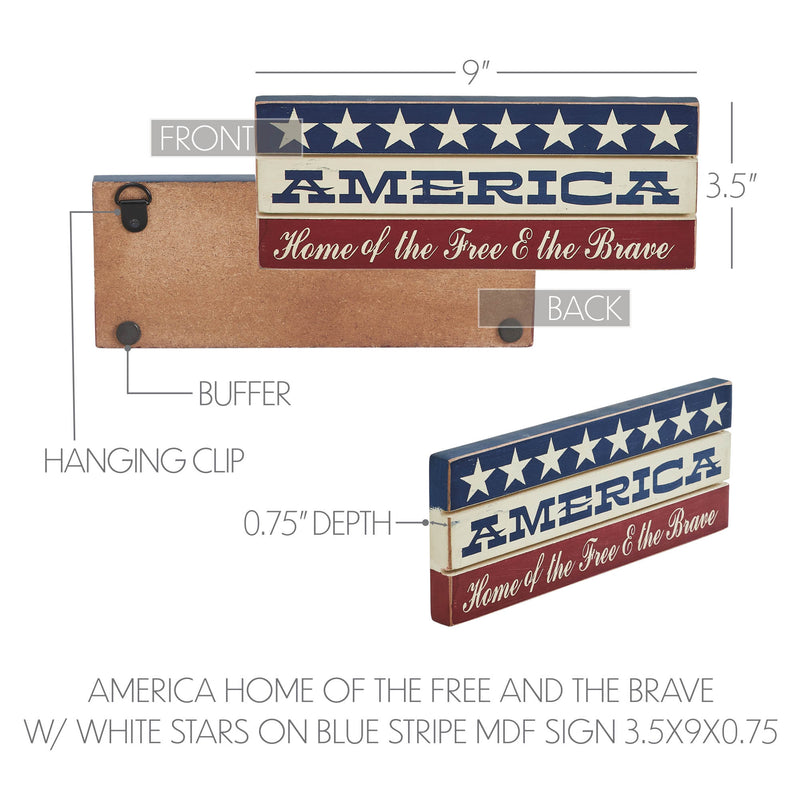 AMERICA Home Of The Free And The Brave w/ White Stars On Blue Stripe MDF Sign 3.5x9 **BACKORDERED UNTIL MARCH 2025**