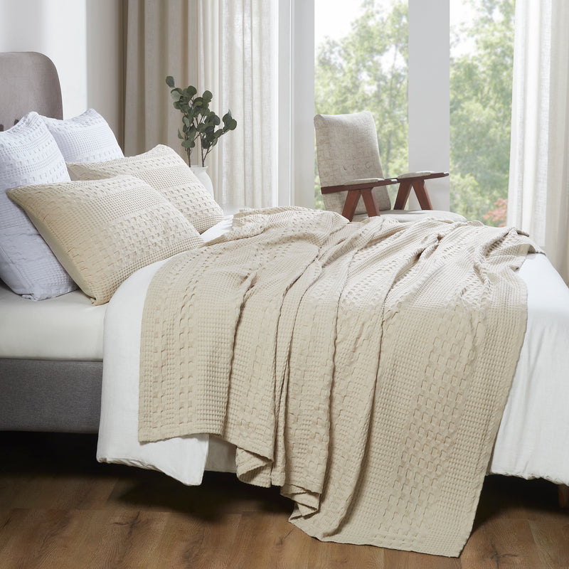 VHC Brands Natural King Blanket 90x108 - 100% Cotton Waffle Weave for Bed, Couch & Sofa - Lightweight Farmhouse Bedroom & Living Room Decor