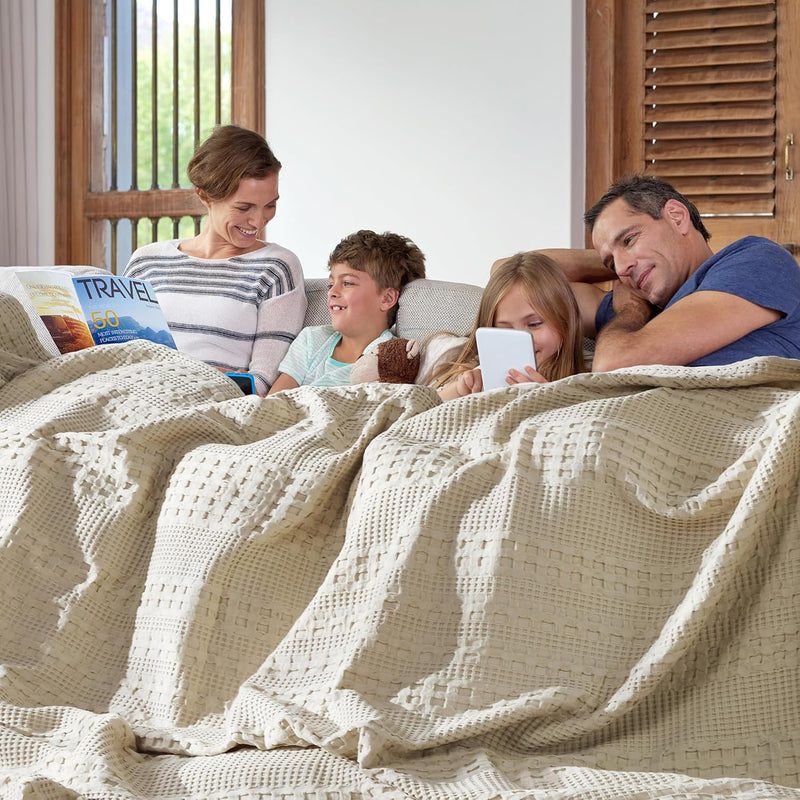 VHC Brands Natural King Blanket 90x108 - 100% Cotton Waffle Weave for Bed, Couch & Sofa - Lightweight Farmhouse Bedroom & Living Room Decor