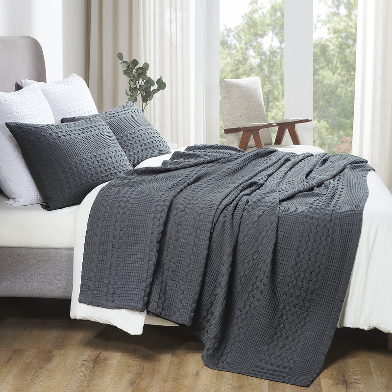 VHC Brands Waffle Weave King Blanket - Dark Grey 90x108 - 100% Cotton Lightweight Cover for Bed, Couch, Sofa - Farmhouse Bedroom Decor