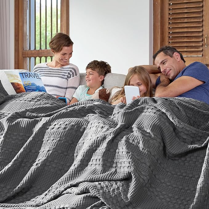 VHC Brands Dark Grey Waffle Weave Queen Blanket 90x90 - 100% Cotton, Lightweight Cover for Bed & Sofa